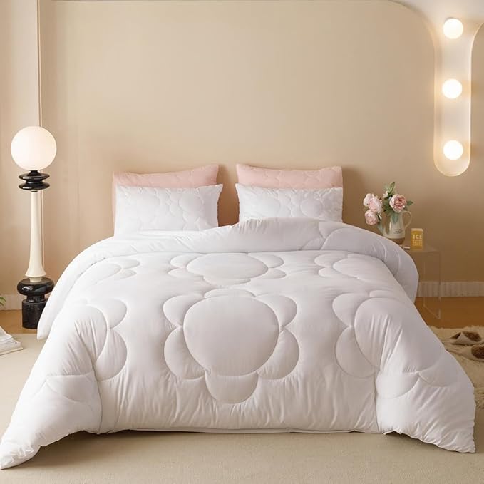CLOTHKNOW White Comforter Set Twin/Twin XL Daisy Puff Bedding Comforter Sets Soft Boho Comforter White Comforters with 2 x Pillow Cases
