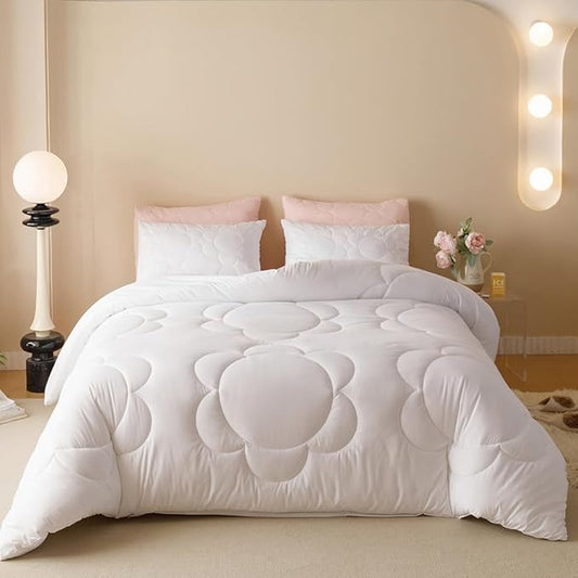CLOTHKNOW White Queen Comforter Set Daisy Puff Pattern Bedding Comforter Sets Boho Queen Comforter Soft Floral Comforter with 2 x Pillow Cases