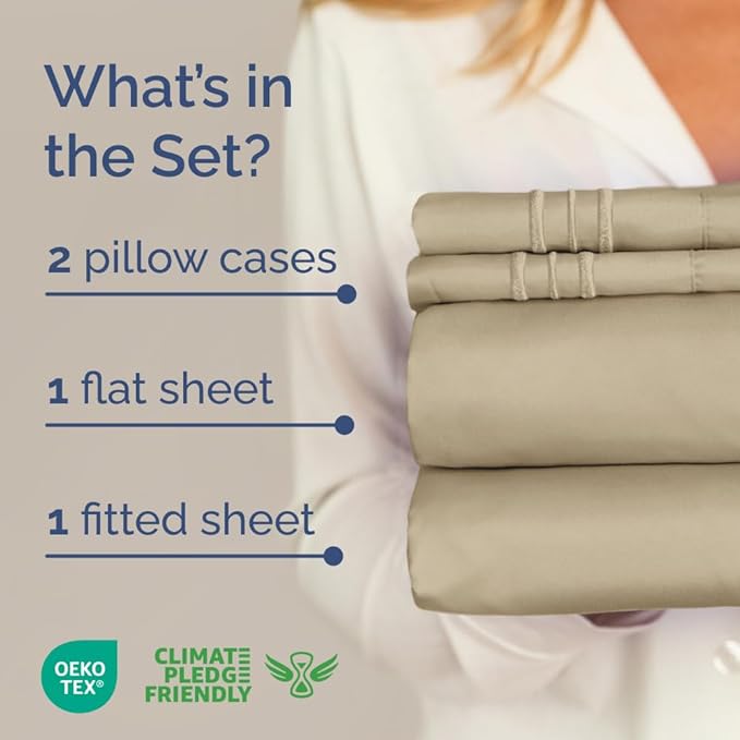 Full XL Bed Sheet Set - 4 Piece Extra Long Extended Full XL Sheets - Soft, Breathable & Cooling - Fits 8" to 16" Mattress with Deep Pockets - 54" x 80" - Easy-Fit, Wrinkle and Fade Resistant - Beige