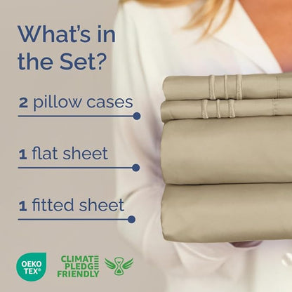 Full XL Bed Sheet Set - 4 Piece Extra Long Extended Full XL Sheets - Soft, Breathable & Cooling - Fits 8" to 16" Mattress with Deep Pockets - 54" x 80" - Easy-Fit, Wrinkle and Fade Resistant - Beige
