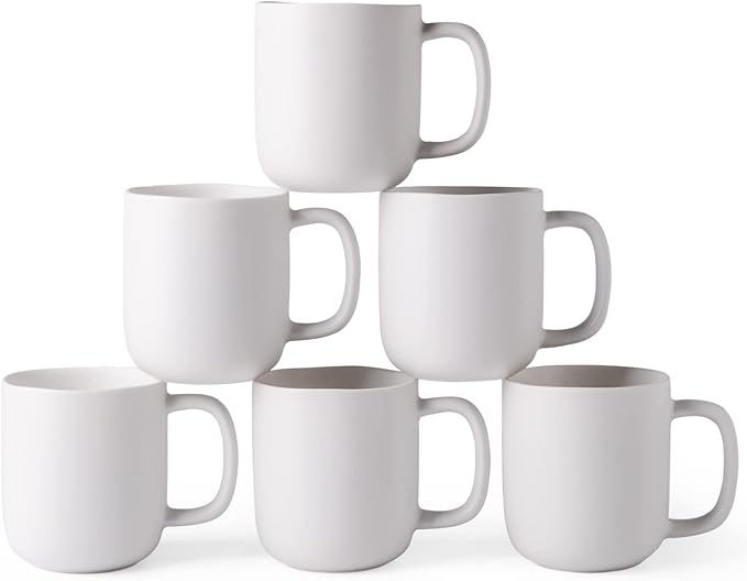 AmorArc 14oz Coffee Mugs Set of 6, Ceramic Coffee Mugs with Large Handle & Wavy Rim for Latte/Hot Cocoa/Tea, Stylish Coffee Cups for Men Women. Oven,Dishwasher&Microwave Safe, Matte White
