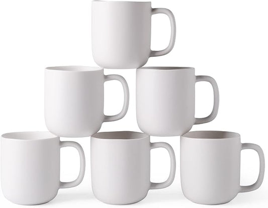 AmorArc 14oz Coffee Mugs Set of 6, Ceramic Coffee Mugs with Large Handle & Wavy Rim for Latte/Hot Cocoa/Tea, Stylish Coffee Cups for Men Women. Oven,Dishwasher&Microwave Safe, Matte White
