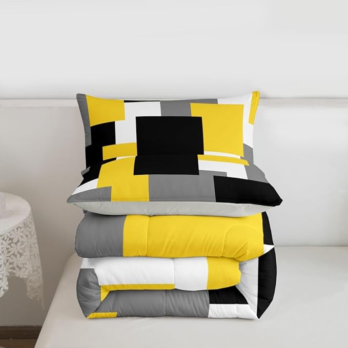 Castle Fairy Yellow Black Grey Comforter Set for Kids,Geometric Square Splicing Bedding Set Teens Boys Room Decor,Modern Abstract Comforter with 1 Pillowcase for All Seasons,Twin
