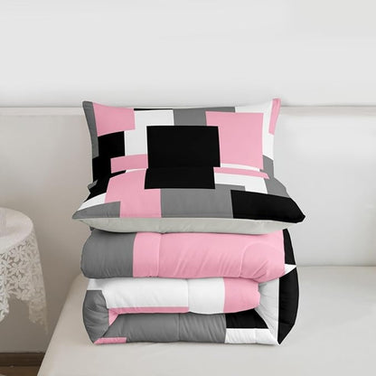 Castle Fairy Modern Abstract Art Comforter Set Toddler Size,Pink Grey Black Bedding Set for Kids Teens Bedroom,Geometric Grid Square Splicing Down Comforter,2 Pcs 1 Pillowcase