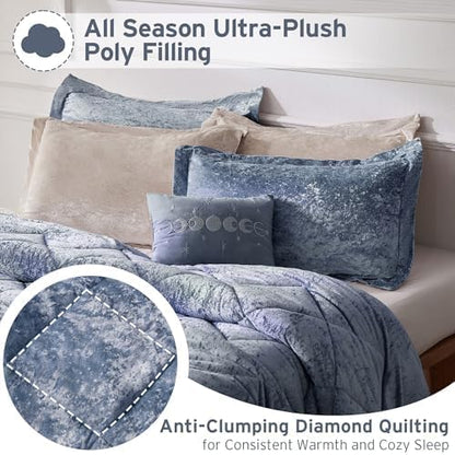 Intelligent Design Queen Comforter Set, Velvet Comforter Set , Luxury Diamond Quilting Comforter Set, Fluffy Comforter Bed Set with Decorative Pillowand 2 Shams, 4 Piece Blue, Full/Queen