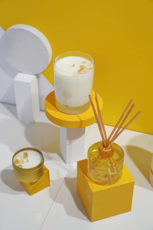 Citrine Crystal Infused Reed Diffuser, 4 OZ, Recharge - Scents of Lemongrass, Geranium & Basil for Inspiration & Creativity - Perfect for Meditation Spaces, Yoga Studios, Bedside Tables