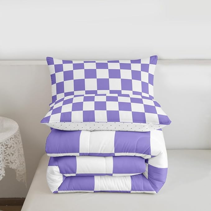 Feelyou Checkered Retro Comforter Set Toddler Size Purple Plaid Bedding Set for Kids Boys Girls Geometric Vintage Duvet Quilt Modern Simple Groovy Aesthetic Bedroom Decor 2 Pcs with 1 Pillow Cases