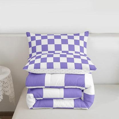 Feelyou Checkered Retro Comforter Set Toddler Size Purple Plaid Bedding Set for Kids Boys Girls Geometric Vintage Duvet Quilt Modern Simple Groovy Aesthetic Bedroom Decor 2 Pcs with 1 Pillow Cases