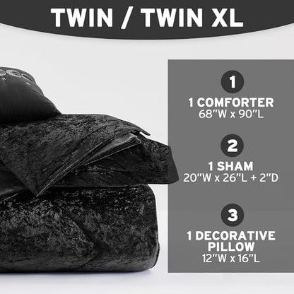 Intelligent Design Twin Comforter Set, Velvet Comforter Set , Luxury Diamond Quilting Comforter Set, Fluffy Comforter Bed Set with Decorative Pillowand 1 Sham, 3 Piece Black, Twin/Twin XL