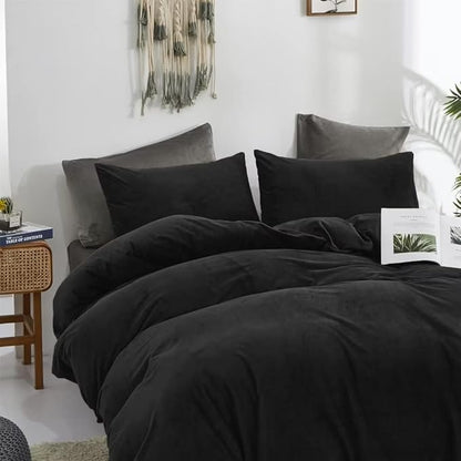 CLOTHKNOW Black Velvet Twin/Twin XL Comforter Set 3Pcs Black Bedding Comforter Sets Fluffy Soft Cozy Black Comforter with 2 x Pillowcases