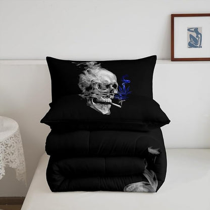 Erosebridal Smoky Skull Comforter Set Full,Teal Leaves Bedding for Kids Boys Girls Teens,Gothic Skeleton Down Comforter, Plant Tropical Botanical Bedding Comforter Sets