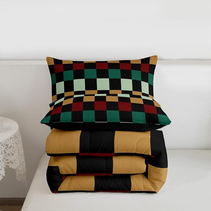 Checkered Retro Comforter Set Toddler Size Green Red Yellow Plaid Bedding Set for Kids Boys Girls Geometric Vintage Duvet Quilt Modern Simple Groovy Aesthetic Bedroom Decor 2 Pcs with 1 Pillow Cases