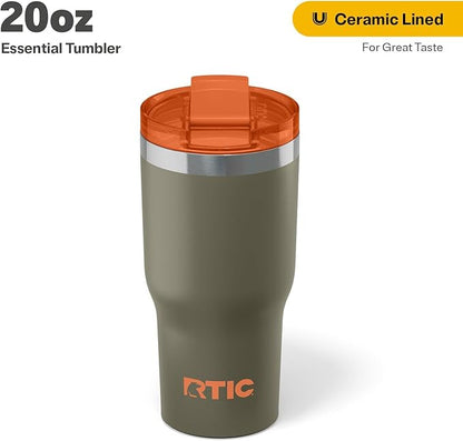 RTIC 20oz Essential Tumbler with Lid, Ceramic Lined, Insulated, Stainless Steel, Metal, Double Wall Vacuum-Insulation, Travel Cup for Iced Coffee, Tea, Hot and Cold Drink, Trailblazer