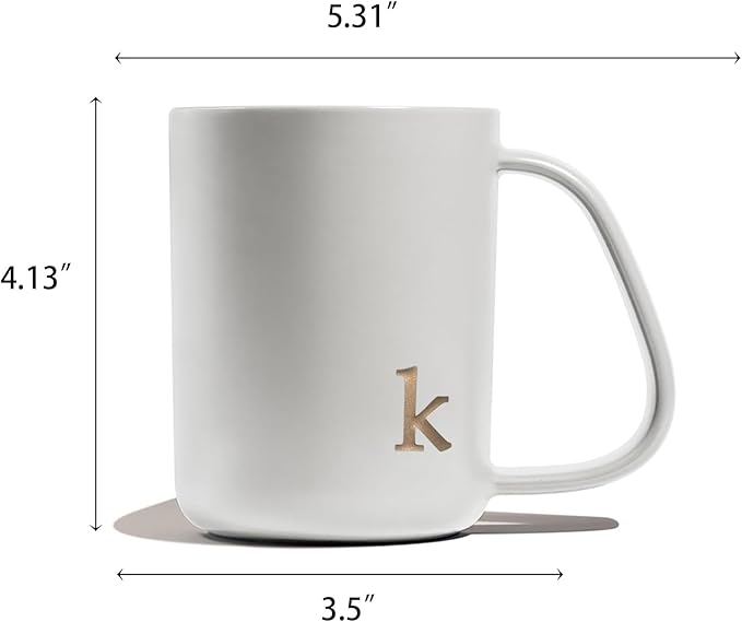 COLLECTIVE HOME - Ergonomic Handle Ceramic Mug, 15 oz Personalized Coffee Cup with Golden Initial, Microwave & Dishwasher Safe, Elegant Monogram Tea Mug in Gift Box for Home & Office (White-k)