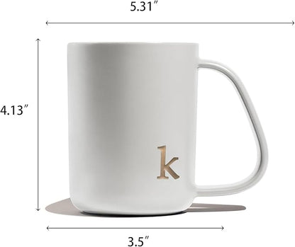COLLECTIVE HOME - Ergonomic Handle Ceramic Mug, 15 oz Personalized Coffee Cup with Golden Initial, Microwave & Dishwasher Safe, Elegant Monogram Tea Mug in Gift Box for Home & Office (White-k)