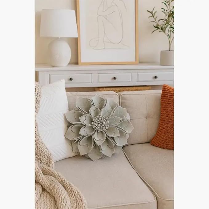Fennco Styles Handmade 3D Heart-Shaped Petals Flower Decorative Filled Throw Pillow 13" Round - Grey Floral Pillow for Couch, Home Décor and Holiday, Housewarming Gift