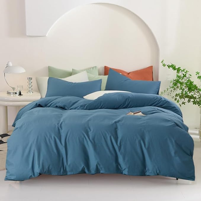 Pureant Blue Comforter Set Full Size Dusty Blue Bedding Comforter Sets for Women Men Cotton Lake Blue Full Comforter Soft Adults Grayish Comforter Sets Solid Color Quilt Breathable