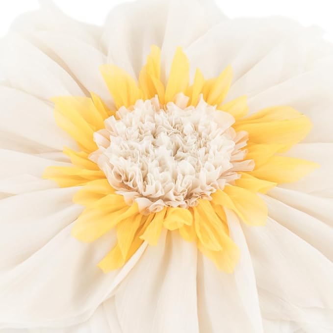 3D Cream White Flower Round Decorative Throw Pillow with Insert Soft Cute Floral Accent Pillow Cushion for Bed Couch Bedroom Living Room Boho Aesthetic Home Decor 12Inch White and Yellow