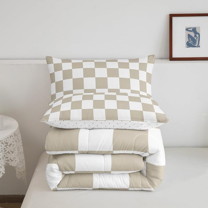Feelyou Checkered Bedding Set Teen Women Men Beige Plaid Comforter Set Full Size Kids Boys Girls Cute Retro Neutral Checkerboard Geometric Duvet Insert Vintage Aesthetic Room Decor