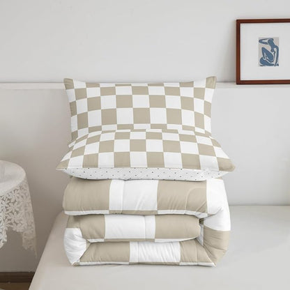 Feelyou Checkered Bedding Set Teen Women Men Beige Plaid Comforter Set King Size Kids Boys Girls Cute Retro Neutral Checkerboard Geometric Duvet Insert Vintage Aesthetic Room Decor