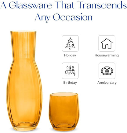 American Atelier 40 oz Bedside Water Carafe with Tumbler – 10.63" Ribbed 2-Piece Glass Set, Pitcher with Cup Lid for Nightstand, Guest Room, Office, Durable & Elegant Drinkware (Amber)