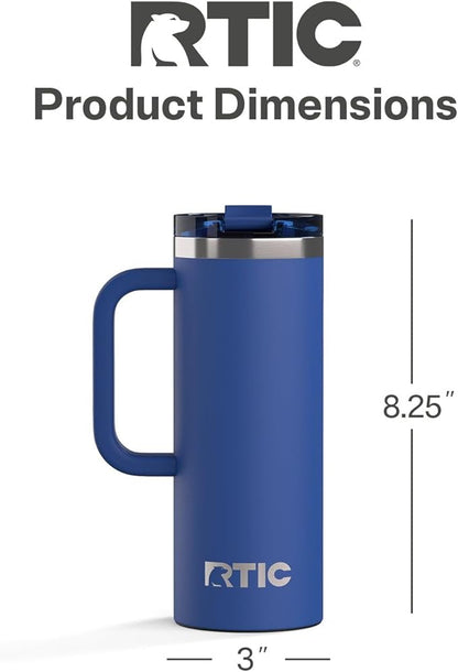 RTIC 20oz Road Trip Travel Mug with Lid and Handle, Ceramic Lined, Insulated, Stainless Steel, Metal, Double Wall Vacuum-Insulation, Portable Coffee, Tea Cup for Hot and Cold Drink, Cobalt