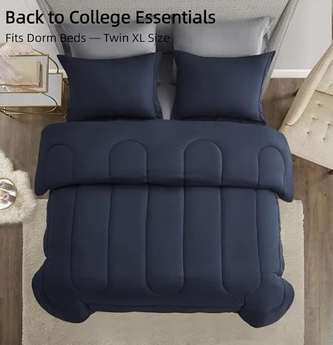 Maple&Stone Twin XL Comforter Set 5 Pieces Bed in a Bag - Down Alternative Bed Set with Sheets, Pillowcase & Sham, Soft Reversible Duvet Insert for Twin XL Bed, Navy & Dark Grey