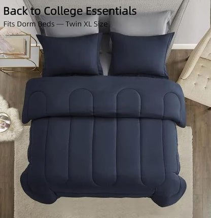 Maple&Stone Twin XL Comforter Set 5 Pieces Bed in a Bag - Down Alternative Bed Set with Sheets, Pillowcase & Sham, Soft Reversible Duvet Insert for Twin XL Bed, Navy & Dark Grey