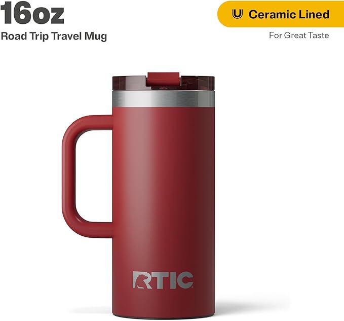 RTIC 16oz Road Trip Travel Mug with Lid and Handle, Insulated, Stainless Steel, Metal, Double Wall Vacuum-Insulation, Ceramic Lined, Portable Coffee, Tea Cup for Hot and Cold Drink, Black Cherry