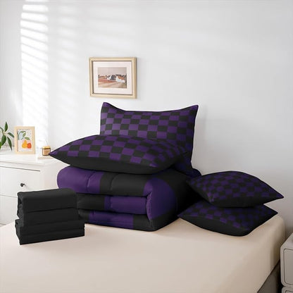 Feelyou Checkered Full Comforter Set with Sheets for Kids Boys Girls Purple Black Plaid 7 Pieces Bedding Set Cute Retro Neutral Checkerboard Geometric Bed in a Bag Vintage Aesthetic Room Decor Soft