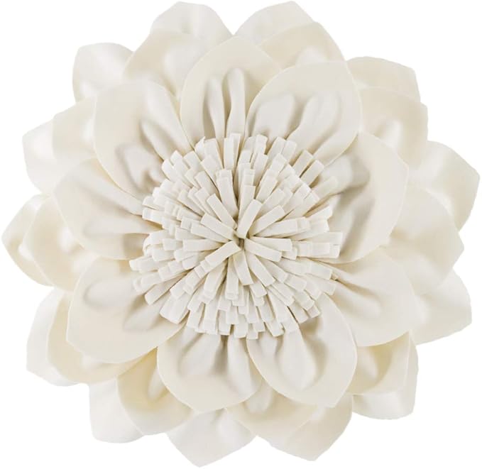 Decorative Throw Pillow 3D Flower Round Pillow Accent Handmade Cushion with Insert Included for Couch Bed Home Decor 12 Inch Cream White