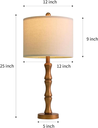 BOBOMOMO 25" Vintage Nightstand Lamps Set of 2, Farmhouse Table Lamps with Antique Gold Resin Base & Linen Shade, Standard Table Lamps for Bedroom, Living Room, Hallway & House Décor