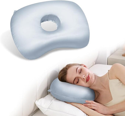 Ear Piercing Pillow for Side Sleepers, Pillow with an Ear Hole for CNH and Ear Pain Ear Inflammation Pressure Sores (Light Blue Silk, 17.3"x12.6"x2")