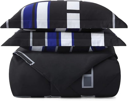 ARTALL Microfiber 2 Pieces Comforter Set Blue Gray Black Plaid Pattern Lightweight Bedding Set, Twin Size with 1 Sham