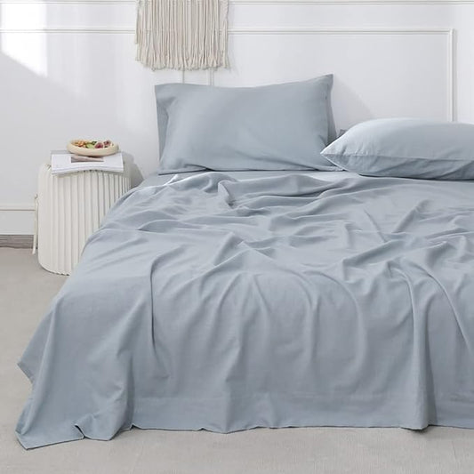 Simple&Opulence Belgian Linen Sheet Set Solid Color - 3 Pieces (1 Flat Sheet, 1 Fitted Sheet & 1 Pillowcase) Natural Flax Cotton Blend Soft Breathable Farmhouse Bedding - Twin Size, Dusty Blue