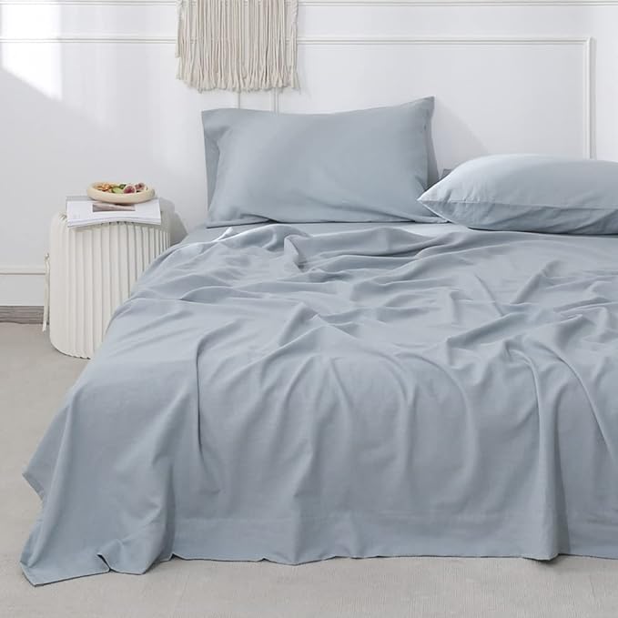 Simple&Opulence Belgian Linen Sheet Set Solid Color - 4 Pieces (1 Flat Sheet, 1 Fitted Sheet & 2 Pillowcases) Natural Flax Cotton Blend Soft Breathable Farmhouse Bedding - Queen Size, Dusty Blue