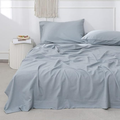Simple&Opulence Belgian Linen Sheet Set Solid Color - 4 Pieces (1 Flat Sheet, 1 Fitted Sheet & 2 Pillowcases) Natural Flax Cotton Blend Soft Breathable Farmhouse Bedding - Queen Size, Dusty Blue