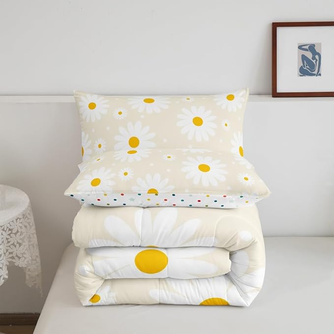 Erosebridal Beige Floral Comforter Cute Daisy Cream Toddler Bedding Set for Kids Teen Women,Botanical Theme Rustic Flowers Comforter Set White Daisy Floral Quilt Room Decor