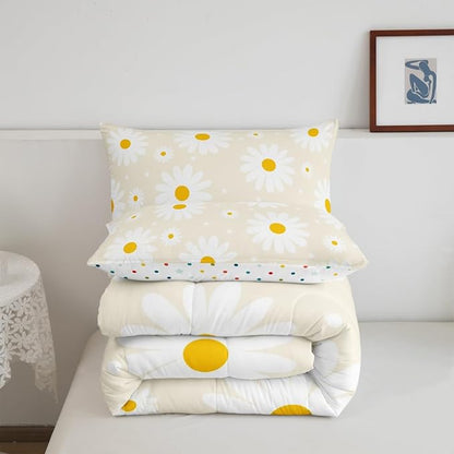 Erosebridal Beige Floral Comforter Cute Daisy Cream Bedding Set King Size for Kids Teen Women,Botanical Theme Rustic Flowers Comforter Set White Daisy Floral Quilt Room Decor