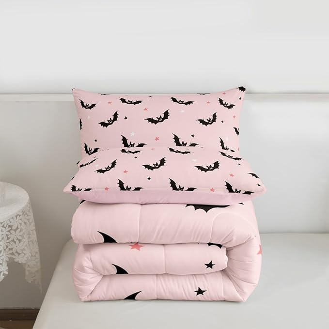Castle Fairy Colorful Star Pink Bedding Set for Boys Girls,Cut Black Bat All Season Cozy Comforter Set Full Size,Happy Halloween Theme Duvet Set Bedroom Decor,Personalized Birthday Gifts