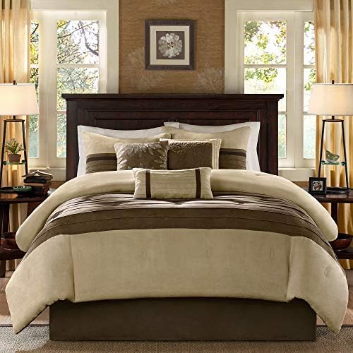 Madison Park Palmer Comforter Set-Luxury Faux Suede Design, Striped Accent, All Season Down Alternative Bedding, Matching Shams, Decorative Pillow, Bed Skirt, Queen (90 in x 90 in), Natural 7 Piece
