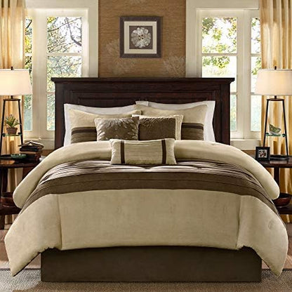 Madison Park Palmer Comforter Set-Luxury Faux Suede Design, Striped Accent, All Season Down Alternative Bedding, Matching Shams, Decorative Pillow, Bed Skirt, Queen (90 in x 90 in), Natural 7 Piece