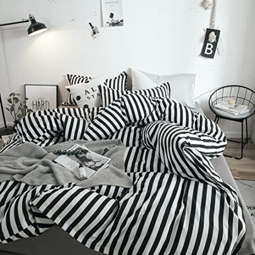 KAREVER White and Black Stripes Comforter Set Twin Women Bedding Set Soft Durable White Striated Bedding Set Black Stripes Ticking Quilts Hotel Quality Comforter Set Girls White Black Stripes Bed Set