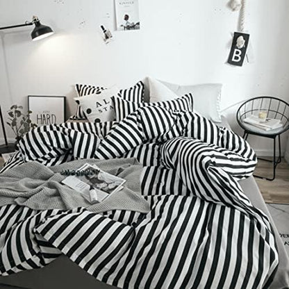 KAREVER White and Black Stripes Comforter Set Twin Women Bedding Set Soft Durable White Striated Bedding Set Black Stripes Ticking Quilts Hotel Quality Comforter Set Girls White Black Stripes Bed Set