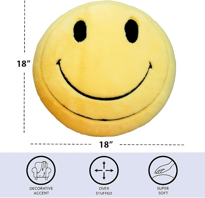 Urban Lifestyle Happy Face Decorative 18" Throw Pillow, Soft Plush Emoji Cushion for Living Room, Bedroom, Couch or Office