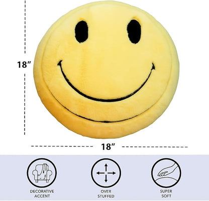 Urban Lifestyle Happy Face Decorative 18" Throw Pillow, Soft Plush Emoji Cushion for Living Room, Bedroom, Couch or Office