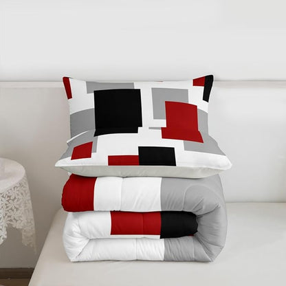 Castle Fairy Red Black White Comforter/Duvet Set,Geometric Grid Square Splicing Ultra Soft Bed Collection,Modern Abstract Bedding for Room Decor 3 Pcs,Microfiber Breathable,King