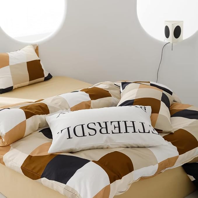 CLOTHKNOW Plaid Comforter Set Twin/Twin XL Brown White Grid Bedding Comfrter Sets Beige Khaki Black Checkere Bedding Sets Geometric Comforter Colorful Plaid