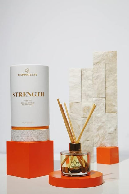 Crystal Infused Reed Diffuser, 4 OZ, Strength - Tiger Eye Crystal Infused - Scents of Cedarwood, Amber, & Sage - Home Decor, House Warming, Room, Stick Perfume, Shelf or Coffee Table
