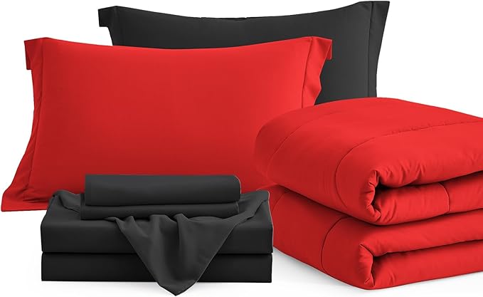 Maple&Stone Twin Comforter Set 5 Pieces Bed in a Bag - Down Alternative Bed Set with Sheets, Pillowcase & Sham, Soft Reversible Duvet Insert for Twin Bed, Black and Red